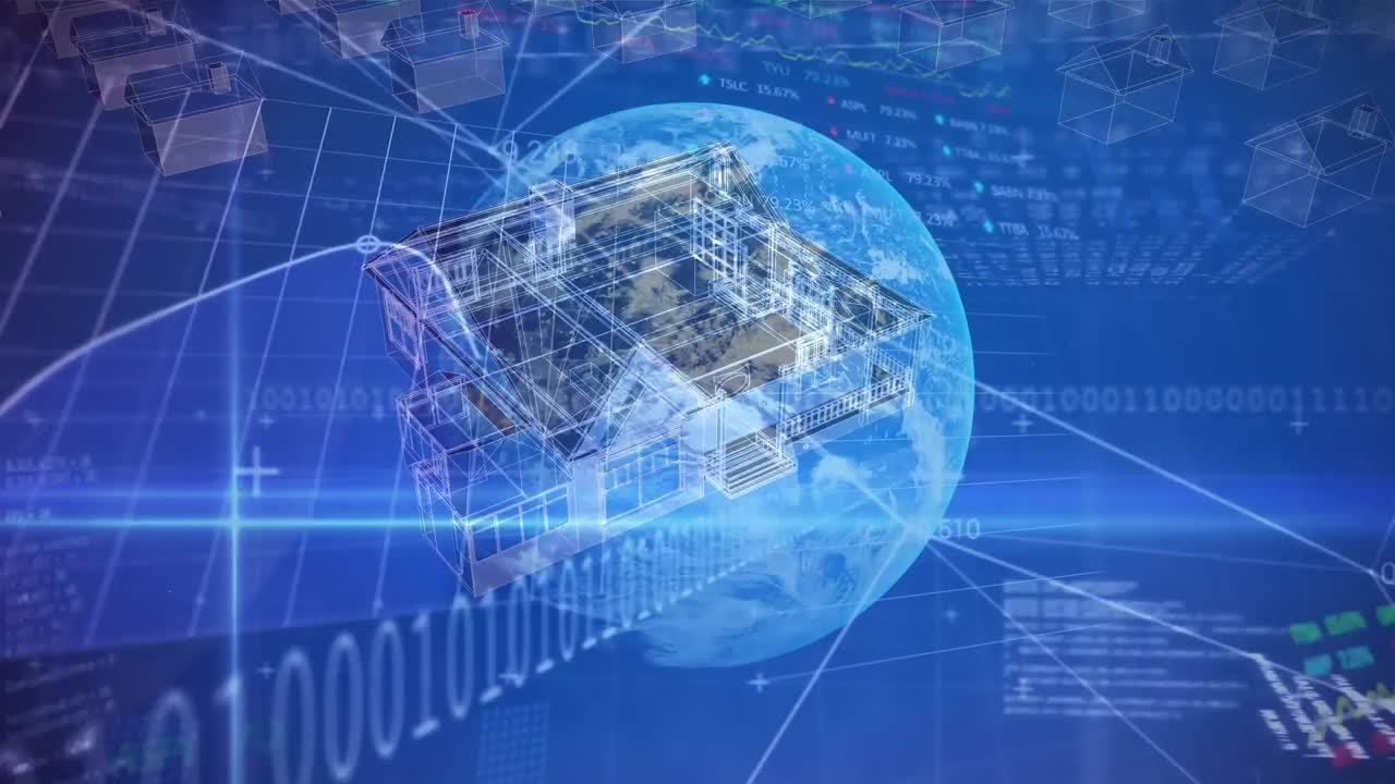 바이너리 코딩의 애니메이션, 파란색 배경에 지구와 그리드에 대한 데이터 처리