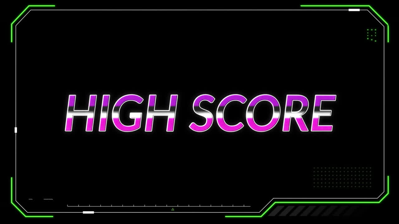 animación del efecto glitch sobre la interfaz con banner de texto de alta puntuación contra fondo negro.