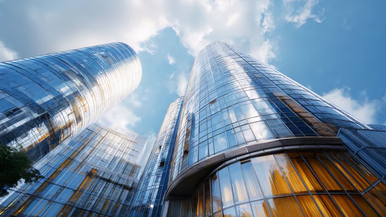 A Stunning View Showcasing Modern Architectural Design, Featuring Sleek Glass Facades Capturing Reflections of the Sky, Highlighting Innovative Construction Techniques and Urban Aesthetics