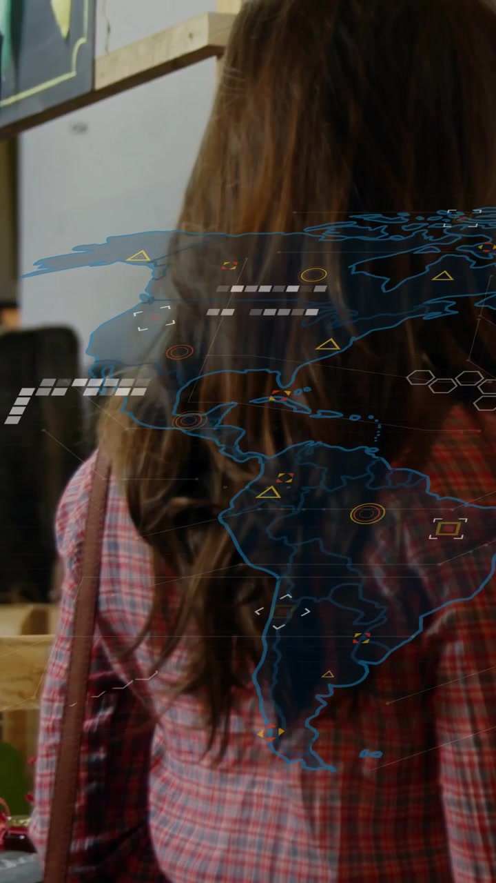 Vertical video: Woman browsing in retail, HUD map sweeping left aligning over back showing origins