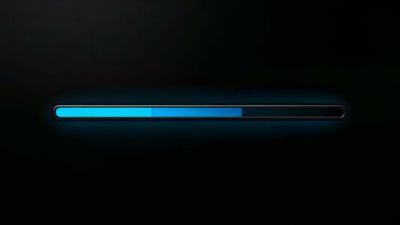 Advancing glowing progress bar filling on dark UI screen after process initiating, signaling done
