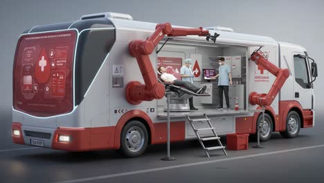 mobile medical unit equipped with robotic arms providing advanced healthcare services in a futuristic environment