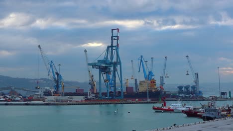 timelapse footage of a logistic center of a naval port where cranes loads and unloads continuously