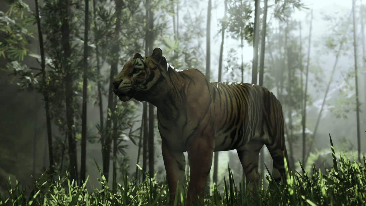 Tigre en un brumoso bosque de bambú