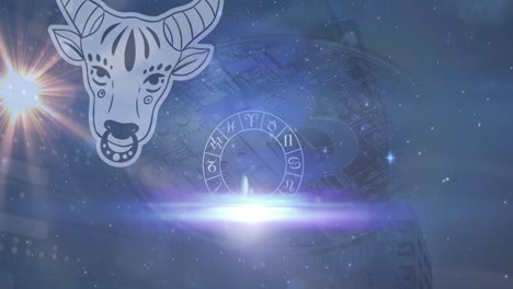 animation of zodiac wheel with taurus sign and data processing over bitcoin symbol