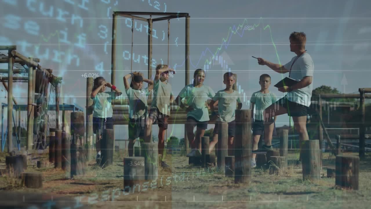 Animation of financial data processing over diverse children and teacher