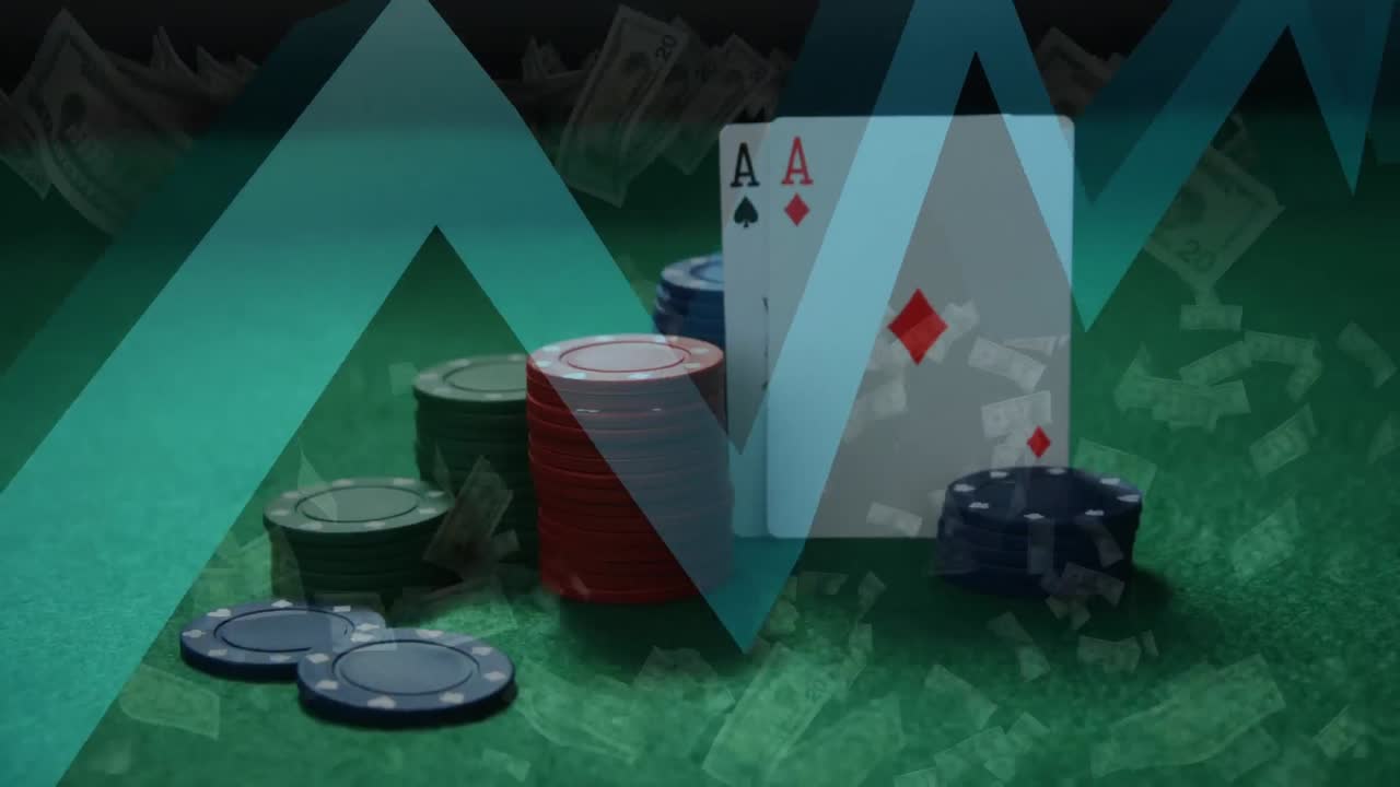 animación de flecha azul subiendo y bajando con billetes de dólares estadounidenses flotando sobre fichas de casino y