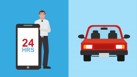 hombre con aplicación de servicio de alquiler de coches móviles