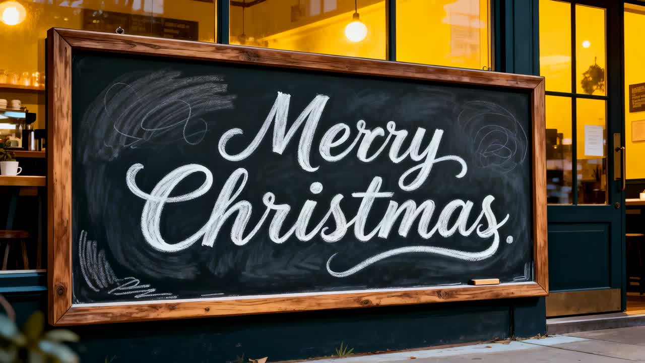 Moving camera tightening view on wood-frame chalkboard sign on sidewalk, showing Merry Xmas chalk