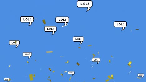 multiple speech bubbles with lol text and confetti falling against blue background