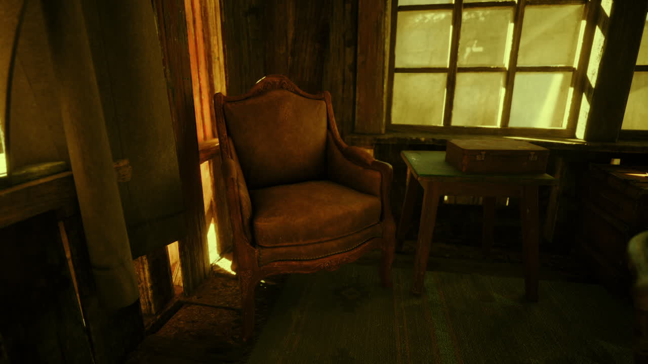 A vintage armchair positioned in a sunlit rustic room with wooden walls