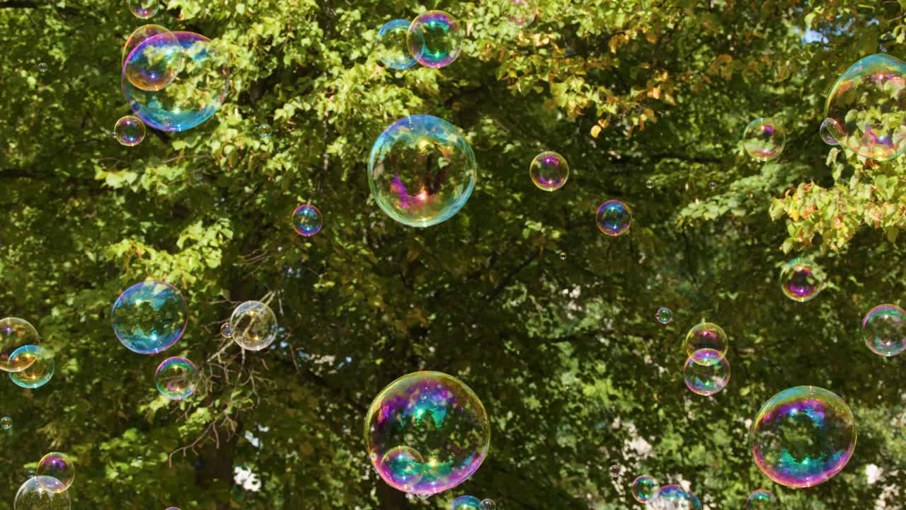 Bolle di sapone colorate fluttuano nell'aria su uno sfondo di alberi verdeggianti del parco