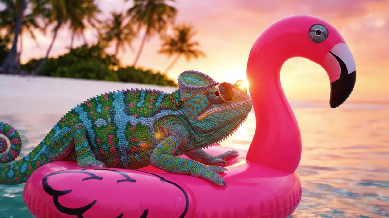 Um Camaleão Colorido de Óculos de Sol Desfrutando de um Pôr do Sol Relaxante em uma Boia de Flamingo, Rodeado por Vibrações de Paraíso Tropical