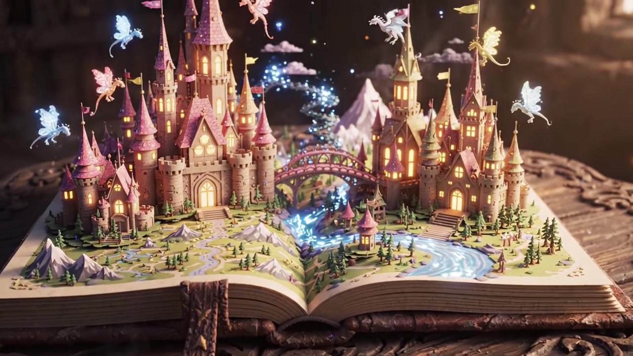 Transformação Encantadora: Um Livro Místico Revelando um Castelo de Conto de Fadas Vibrante com Criaturas Mágicas e uma Paisagem Florescente a Cada Virar de Página