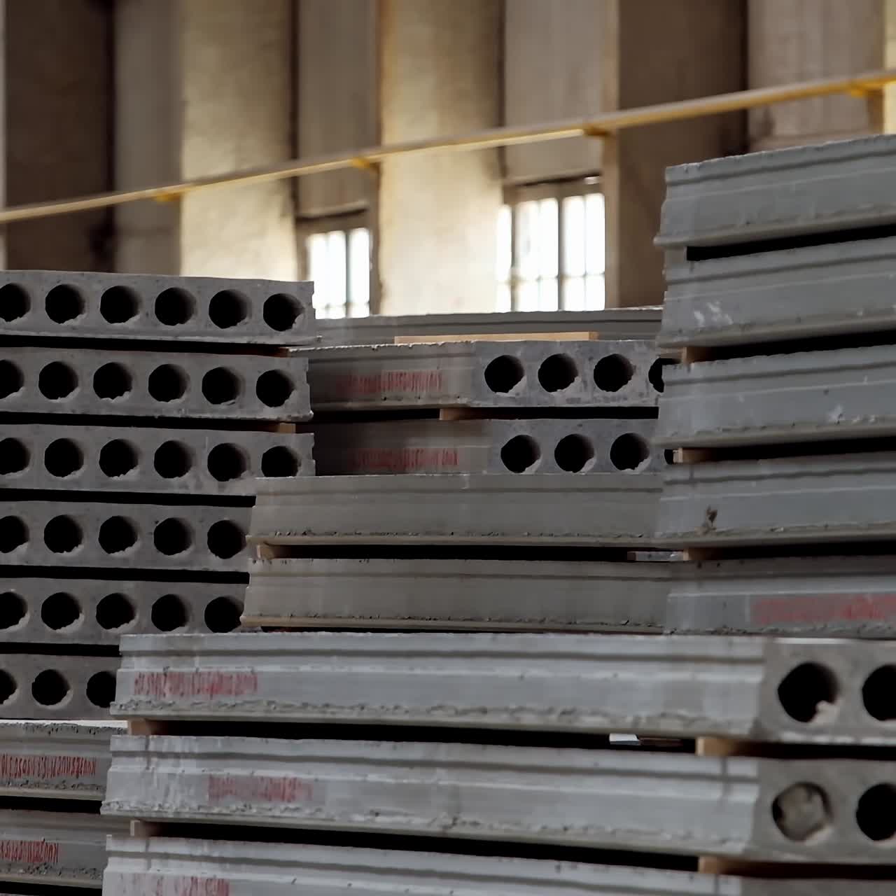 Stacks of concrete blocks. Reinforced concrete slabs inside the industrial plant. Production of building materials on a concrete manufacturing.