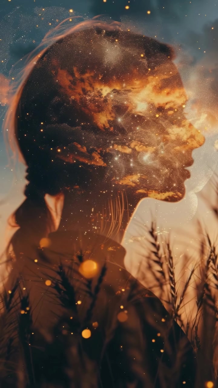 Dreamy Double Exposure of Woman's Profile and Starry Sky