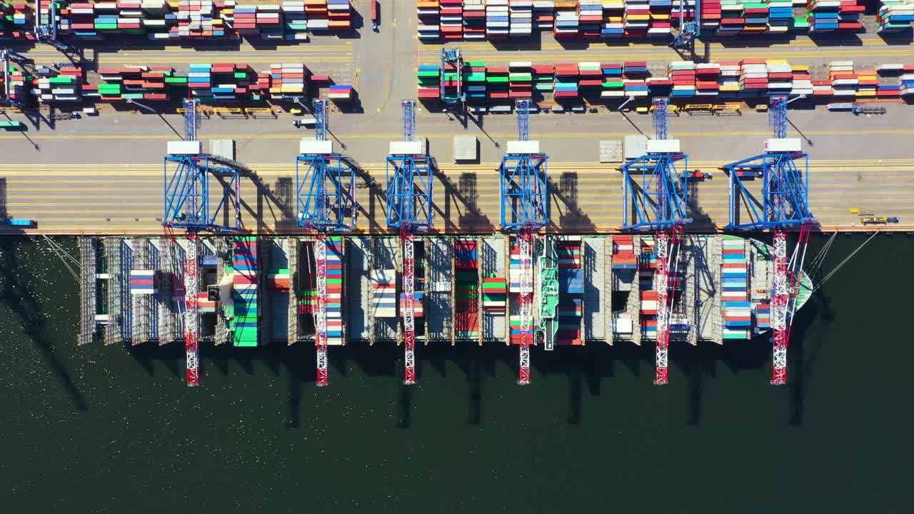 Container ship in import export and business logistic, By crane, Trade Port, Shipping cargo to harbor, International transportation, Business logistics concept, Aerial view