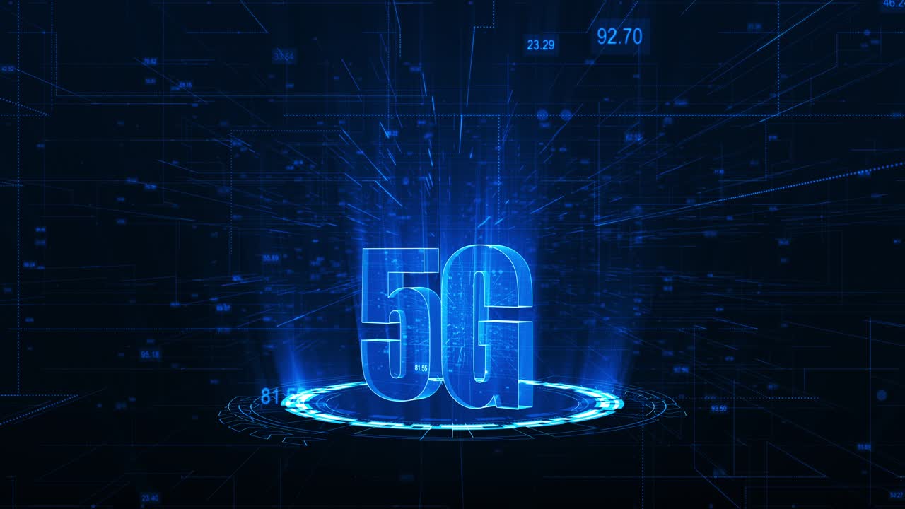 motion graphic di blu 5g parola con tecnologia di cerchio di rotazione sfondo astratto video loop senza cuciture