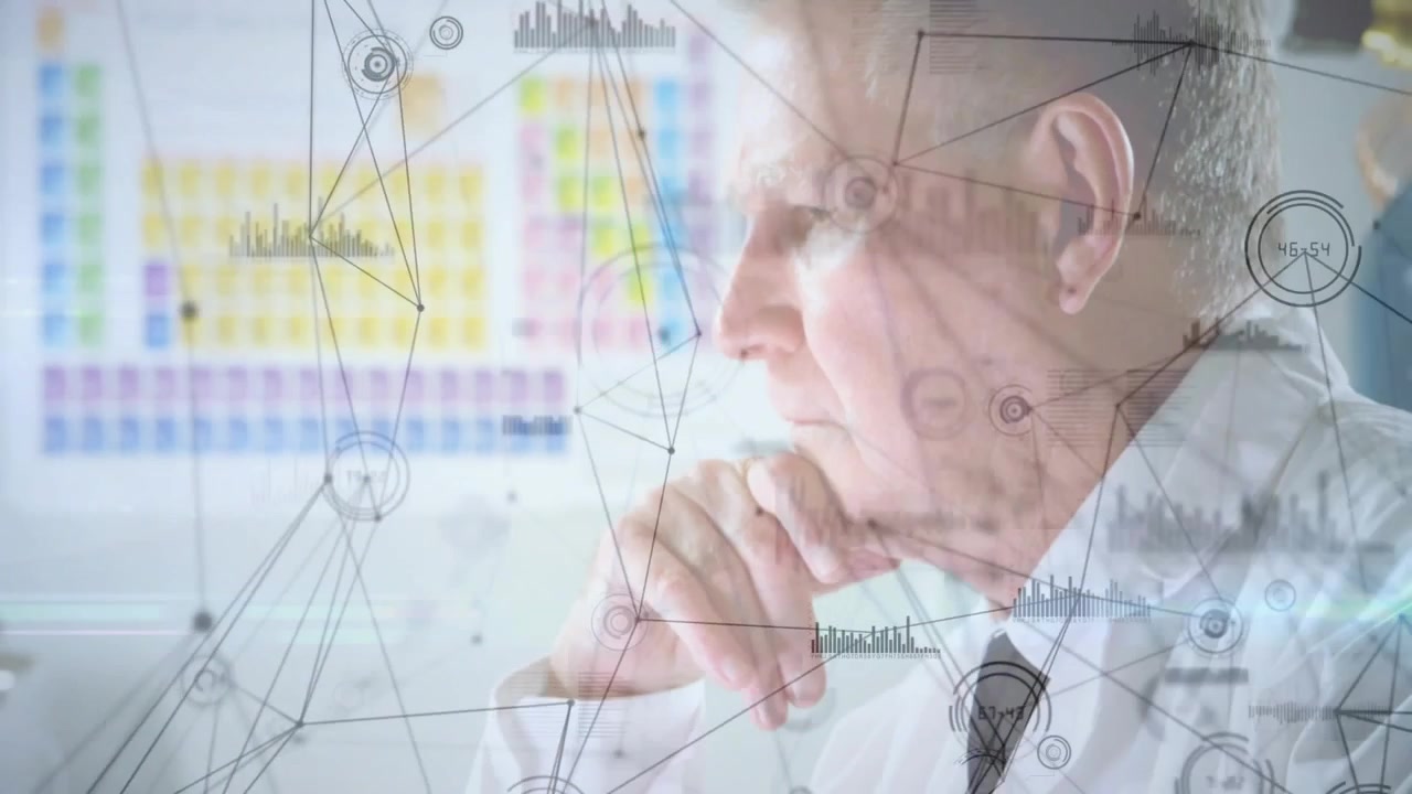 Senior scientist typing keyboard starting camera revealing network graphs overlaying for analysis