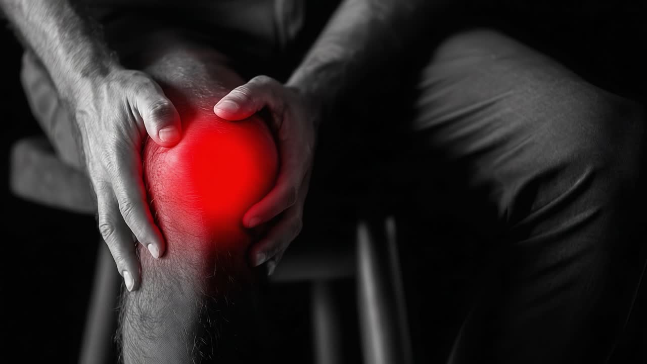 A close-up portrayal of a person experiencing knee pain, emphasizing the distressed body part with a striking red hue to illustrate discomfort and focus on injury