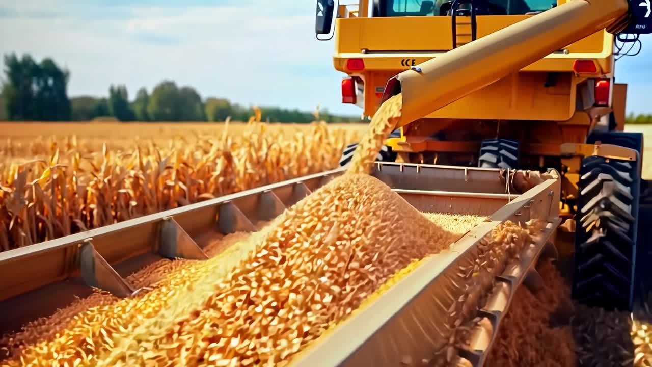 Low-angle video shot of a combine harvester unloading corn into a trailer, showcasing agricultural