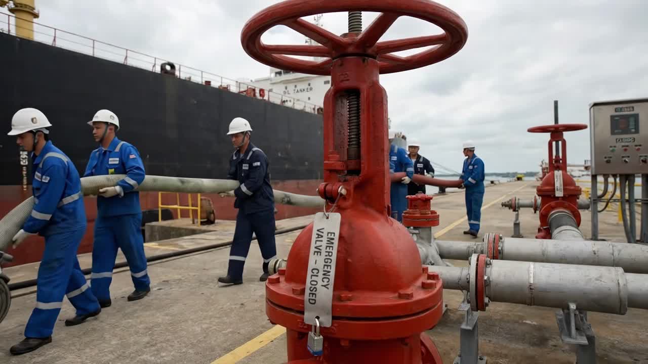 Operai industriali che trasportano un tubo flessibile di grandi dimensioni presso un terminal petrolifero