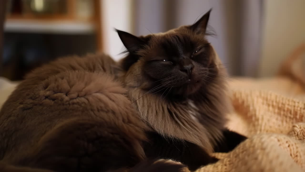 Gatto assonnato con la lingua fuori su una coperta accogliente