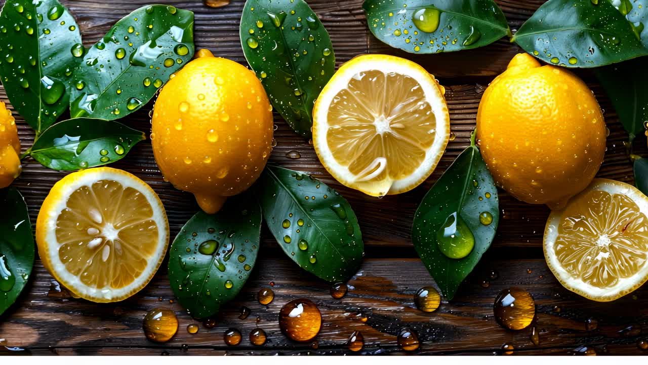 Ahşap üzerinde yapraklı limonlar. Su damlacıklı limonlar, ahşap bir masa üzerindeki yeşil yaprakların üzerinde duruyor. Meyveler bütün ve dilimlenmiş halde.
