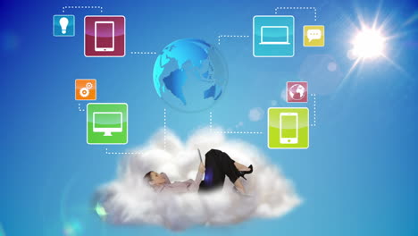 mujer de negocios usando una tableta en una nube