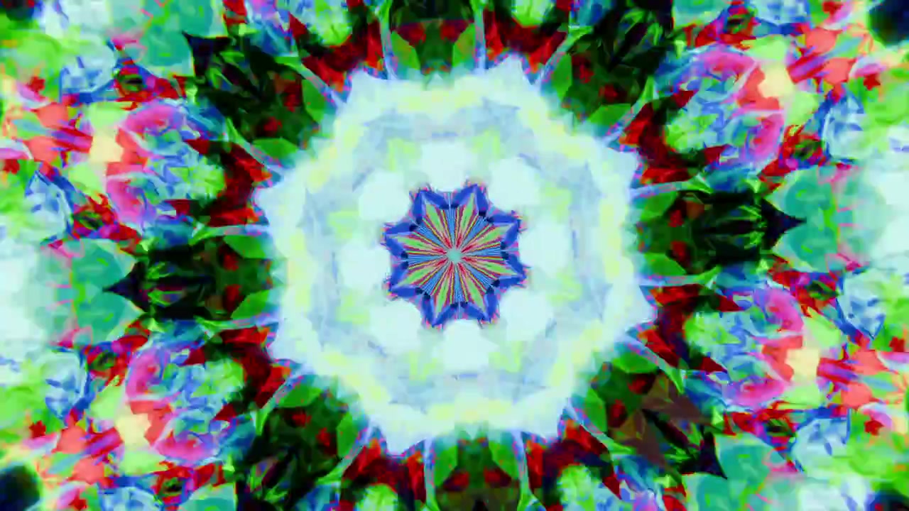 Mandala caleidoscopico centrato che si riproduce trasformandosi sullo schermo, illuminando il nucleo e irradiando raggi