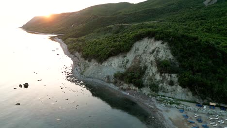 beautiful sunset over the mountains above the adriatic sea, aerial view from a drone