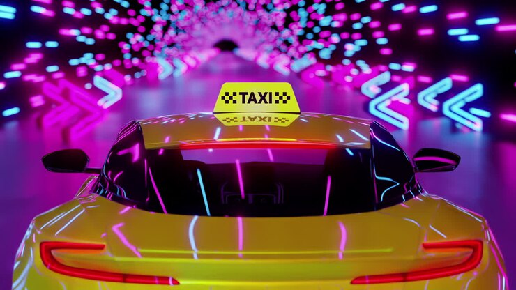 Taxi rides on the night road. Infinitely looped animation.