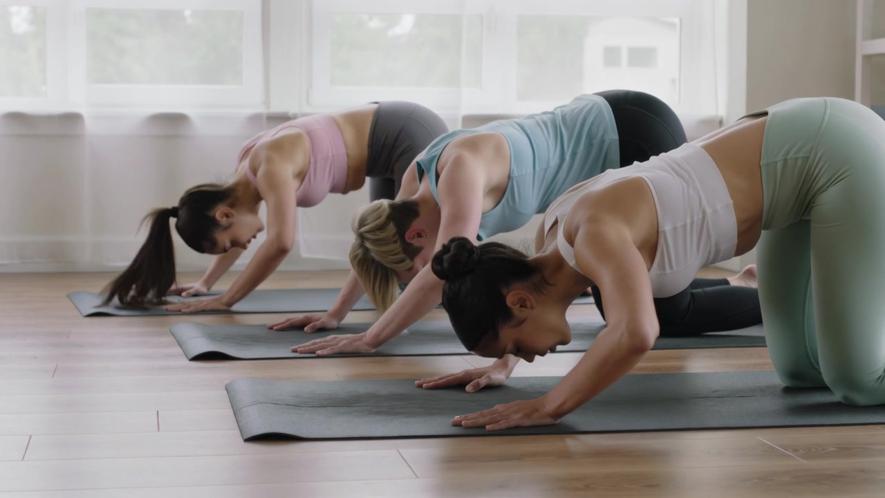 Lowering three women in activewear sliding chests toward three yoga mats on coach cue by windows