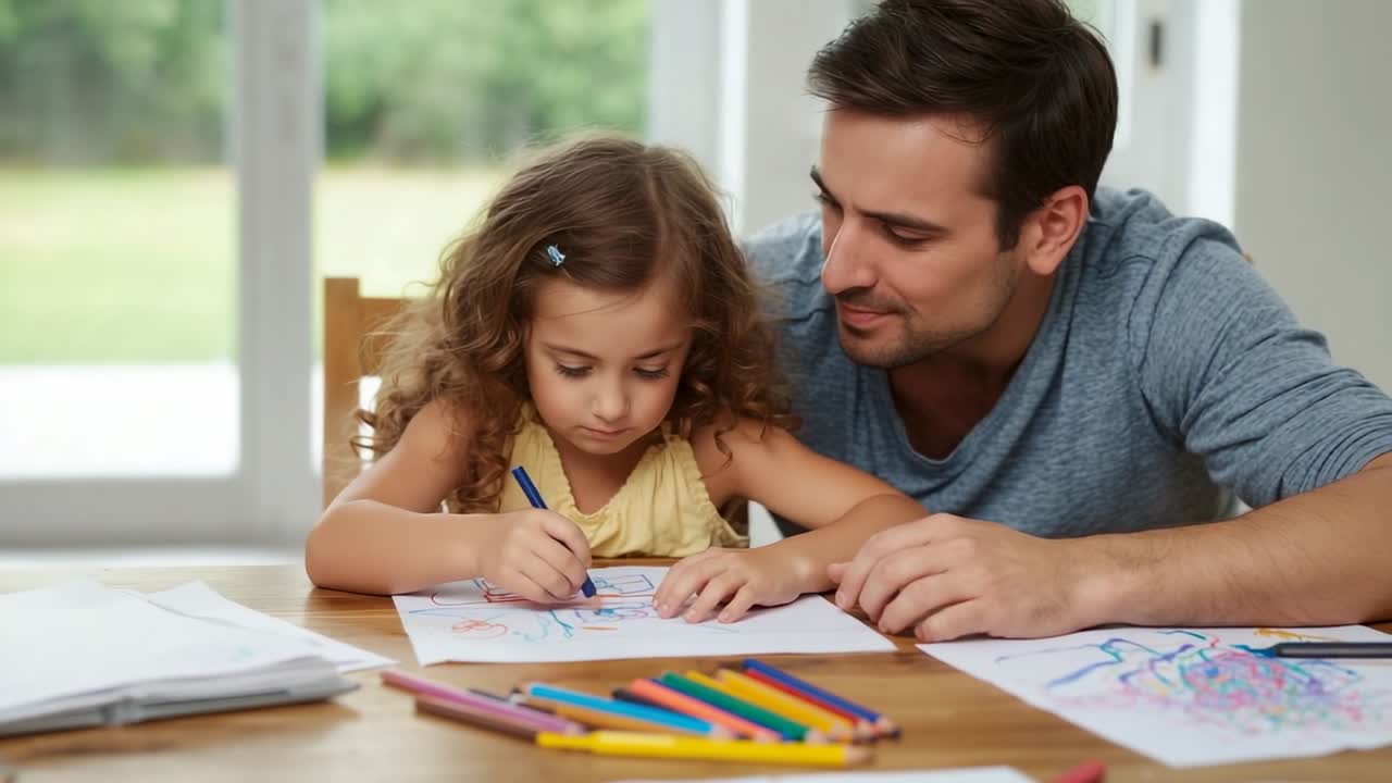 Girl selecting pencil, tracing and coloring under man guiding at home wooden table, with pencils