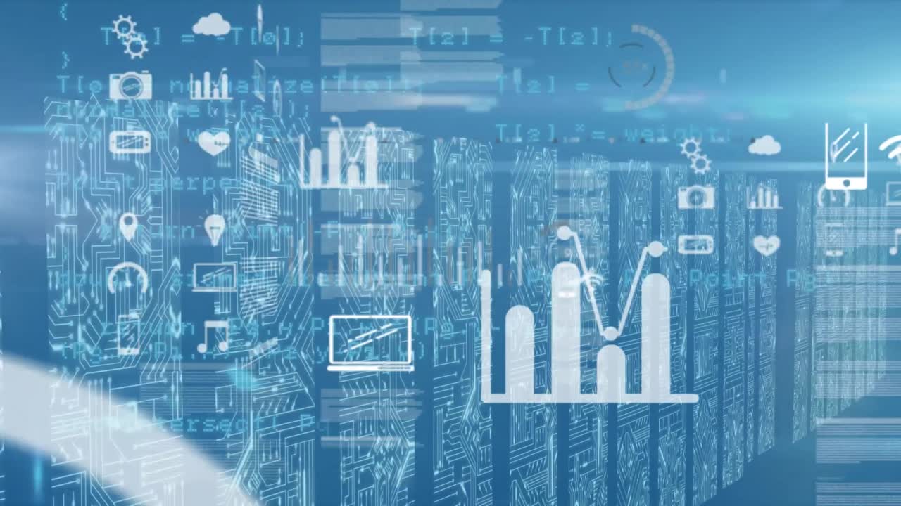 Animation of data processing and icons over computer circuit board
