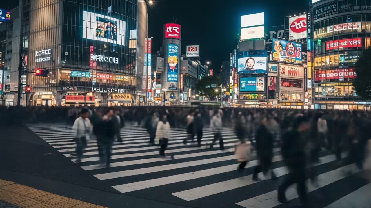 A Vibrant Night Scene of a Bustling Crosswalk in the Heart of a City, Highlighting the Energy of Urban Life and the Dynamics of Human Movement Under Bright City Lights