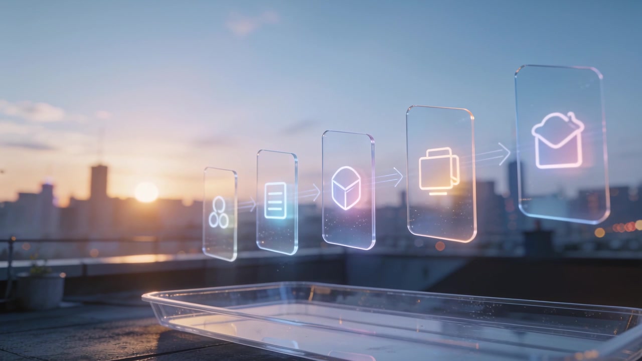 Appearing translucent holograms floating above rooftop tray at sunrise, showing linked icon flow