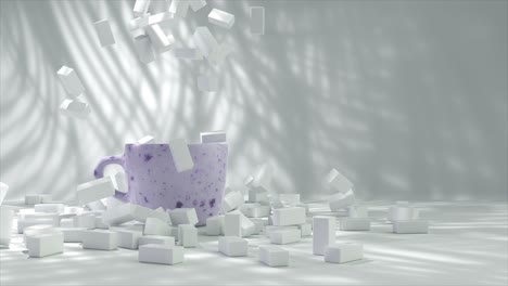 purple mug with falling sugar cubes