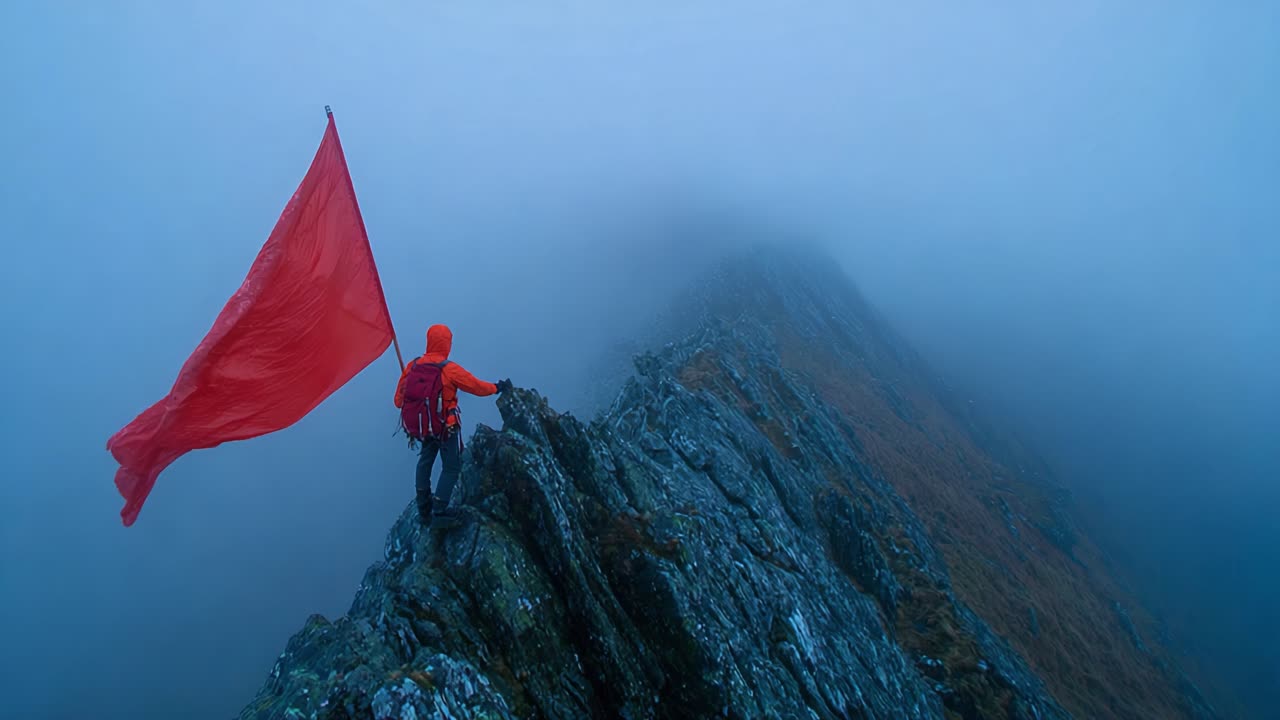 A lone figure stands triumphantly atop a rugged mountain ridge, waving a vibrant red flag amidst a mystical fog that envelops the dramatic landscape, symbolizing resilience and adventure