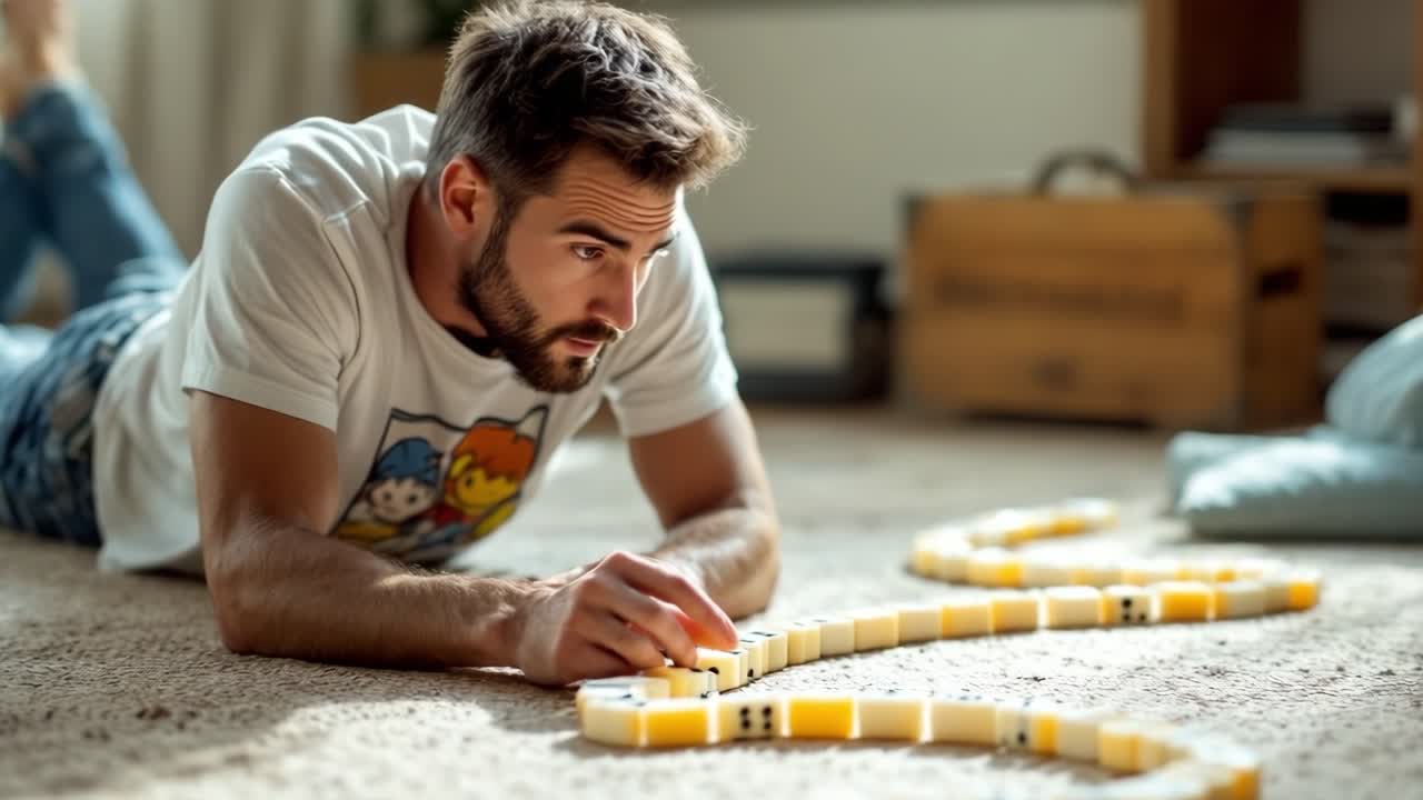 Young man with a beard is lying on a soft carpet, carefully arranging colorful dominoes in a playful pattern, surrounded by a warm and inviting indoor atmosphere, showcasing concentration and creativity