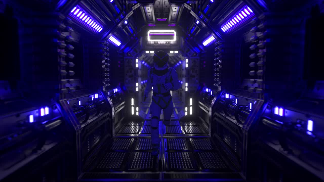 Astronaut runs through a tunnel to another compartment of the space gate. Spaceship and technology concept. 4k animation of seamless loop