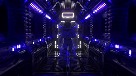 astronaut runs through a tunnel to another compartment of the space gate. spaceship and technology concept. 4k animation of seamless loop