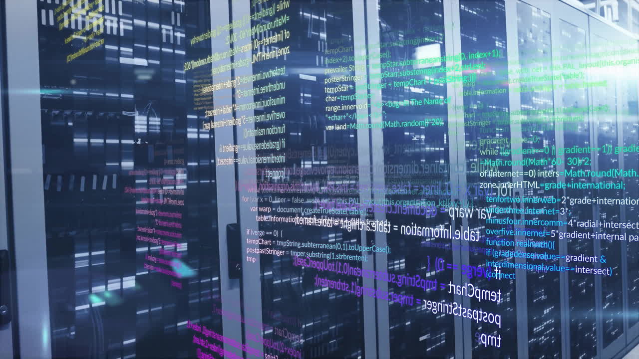 Colorful code lines animation over server racks in data center