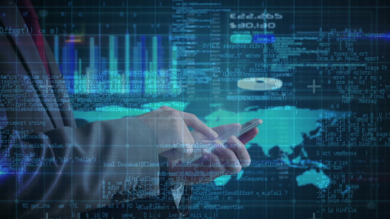 animación del procesamiento de datos sobre un hombre de negocios que usa un teléfono inteligente