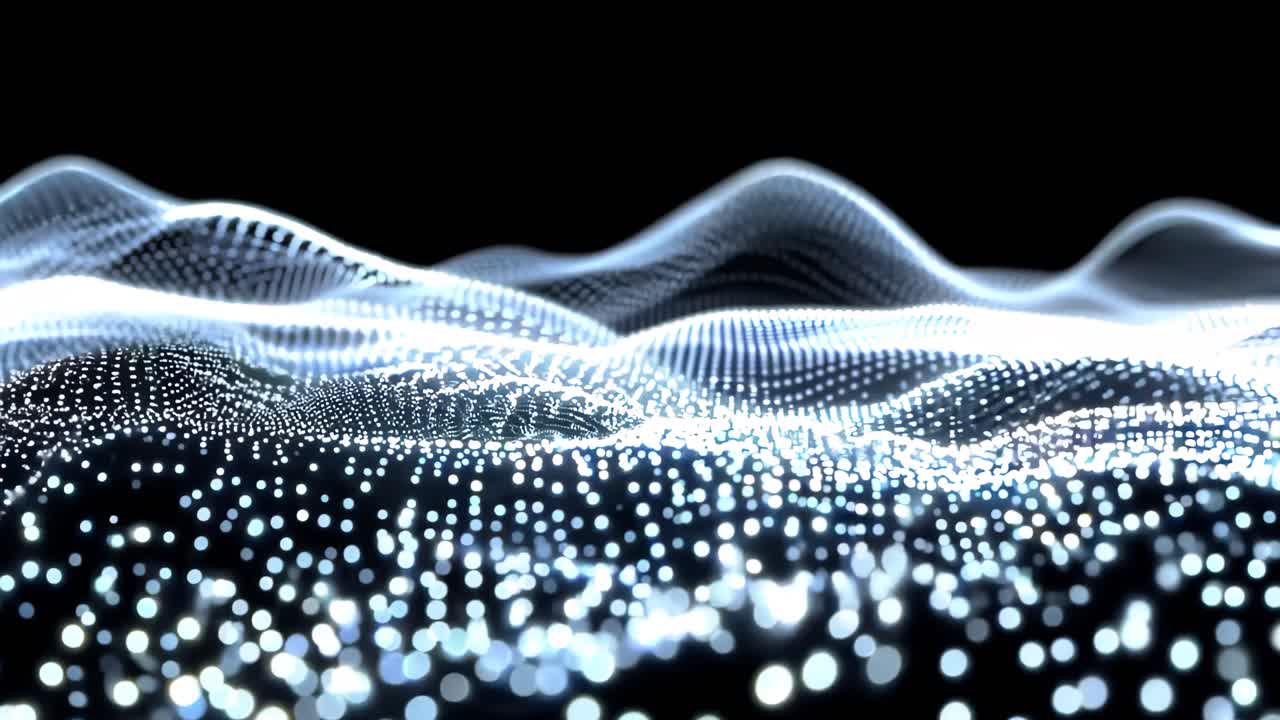 A black and white image of a wave with many dots. The image has a futuristic and abstract feel to it