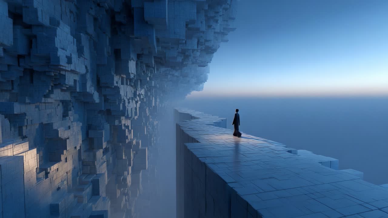 A lone figure stands on the edge of a vast, fantastical cliff, surrounded by towering geometric structures, enveloped in an ethereal mist as the sun casts a serene light over the scene