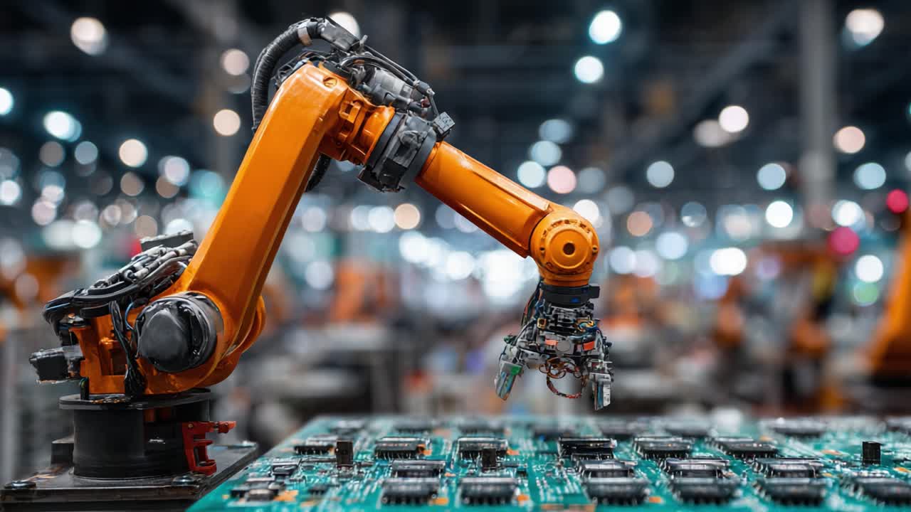 Advanced Robotic Arm Manipulating Circuit Board in a High-Tech Manufacturing Facility with a Blurred Factory Background Showcasing Automation Innovations