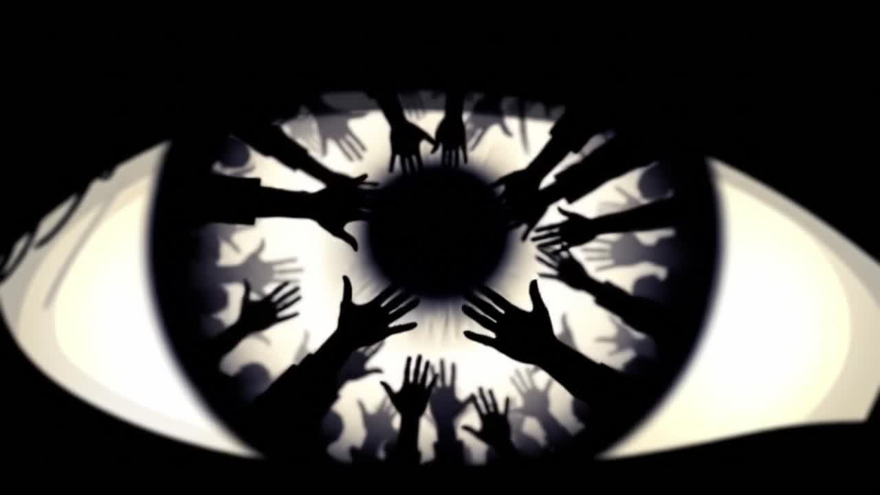 A Surreal Representation of Desperate Hands Reaching Out from a Vivid Eye, Symbolizing Struggles, Communication, and Human Connection in a Captivating Artistic Vision