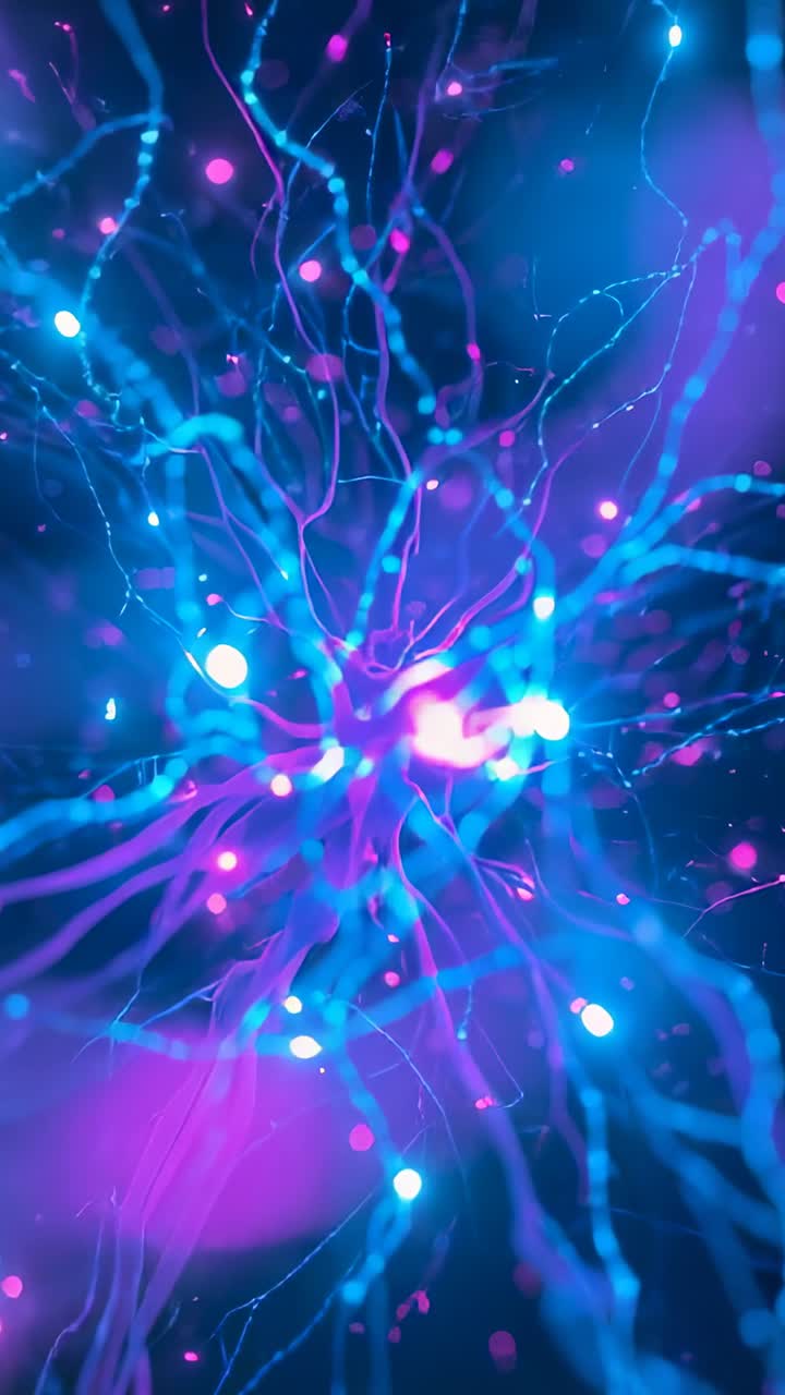 Vertical video: Pulsing central glow sending tendrils in digital void, showing drifting particles