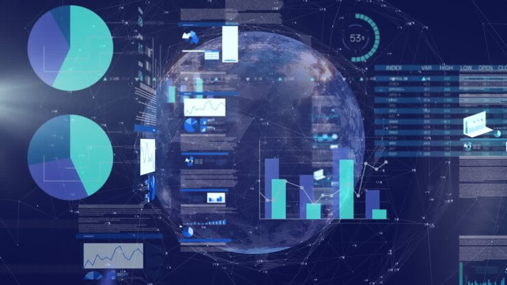 Animation of infographic interface over connected dots and rotating globe in background